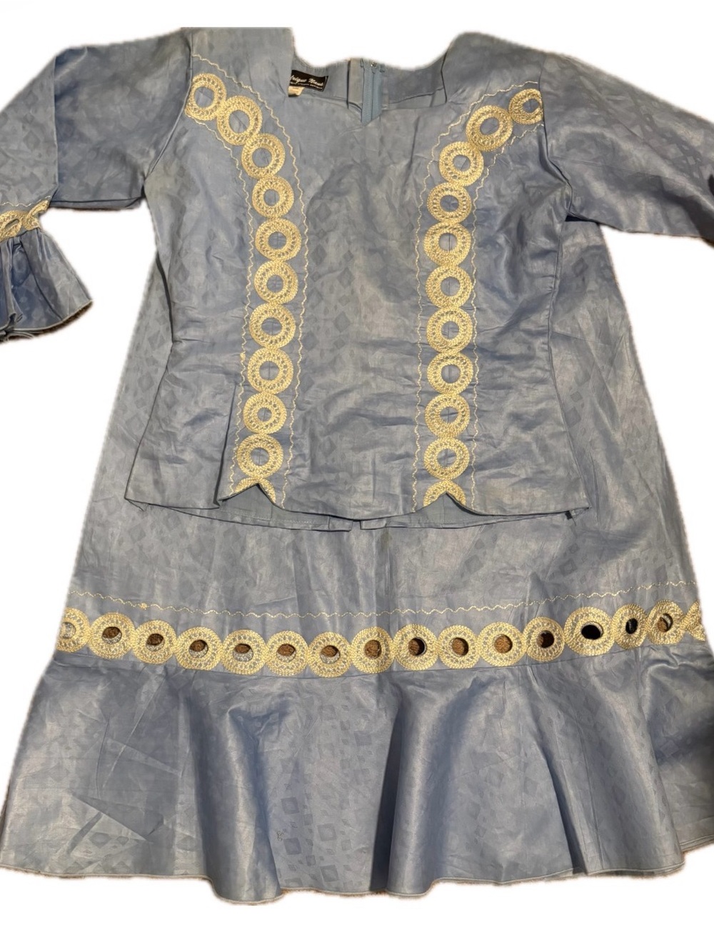 Women’s Light Blue Two-Piece Authentic African Set with Ivory Trim - Picture 4 of 4